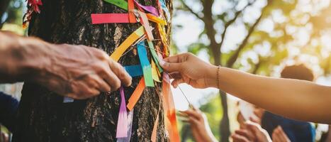 Emotional Value Concept. Participants decorate a tree with colorful ribbons in a vibrant outdoor setting, symbolizing unity and environmental awareness. photo