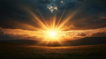 Stunning Sunset Over Rolling Hills with Dramatic Clouds and Radiant Sunbeams photo