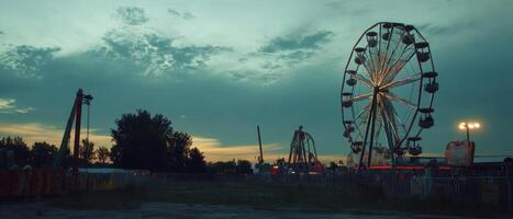 A serene evening scene featuring a ferris wheel and amusement rides under a cloudy sky, capturing a nostalgic carnival atmosphere. photo
