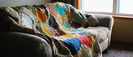 Emotional Value Concept. A cozy couch draped with a colorful quilt in a well-lit room, creating a warm and inviting atmosphere. photo
