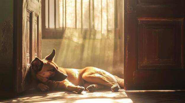 A serene dog rests peacefully by an open door, with soft sunlight streaming through, creating a warm and inviting atmosphere. photo