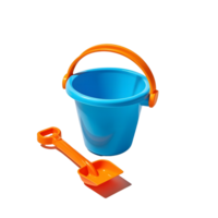 A blue bucket with an orange handle and shovel png