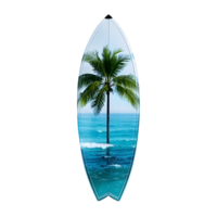 A surfboard with a palm tree in the ocean png