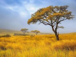 A tranquil landscape featuring tall, golden grass and sparse trees under a cloudy sky, evoking a serene, natural atmosphere. photo