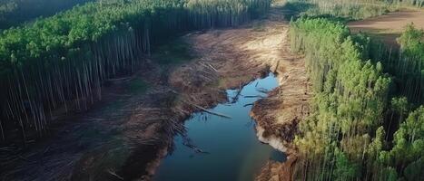 Aerial view of a forested area with a river, showcasing deforestation and land clearing near water. photo