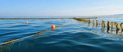 Calm water with orange buoys and a net, stretching into the horizon under a clear blue sky. photo