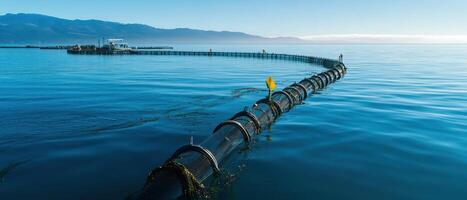 A long pipeline extends into calm blue waters, surrounded by mountains and a clear sky, creating a serene coastal landscape. photo