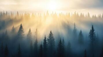 Misty forest with rays of sunlight filtering through tall trees, creating an ethereal and tranquil atmosphere. photo