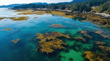 Aerial view of a serene coastline with vibrant seaweed beds and clear turquoise waters, surrounded by lush green hills. photo