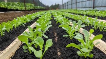 Lush green seedlings grow in neat rows within a greenhouse, showcasing vibrant agricultural growth and healthy soil. photo