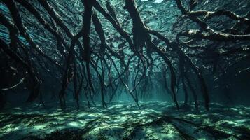 Underwater view of mangrove roots creating a mysterious ambiance in a serene aquatic environment. photo