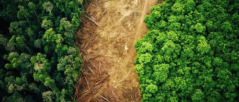 Aerial view showing a stark contrast between lush green forest and cleared land, highlighting deforestation issues. photo