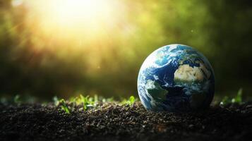 Earth Globe on Soil with Sunlight and Greenery in the Background - Environmental Conservation Concept photo