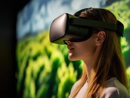 Woman Experiencing Virtual Reality with Headset in a Green Nature Background photo