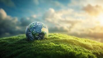Stunning Earth Globe on Lush Green Grass with Dramatic Cloudy Sky in the Background photo