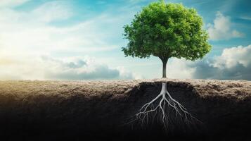 Lush Green Tree with Extensive Root System Above and Below Ground Against a Cloudy Sky Background photo