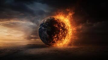 Dramatic Image of Earth Half Engulfed in Flames Against a Dark and Stormy Sky photo