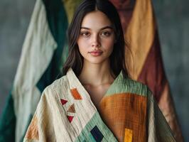 Portrait of a Young Woman in Colorful Patchwork Clothing with Geometric Patterns photo