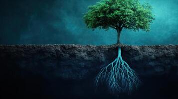 Tree with Extensive Root System in Cross-Section Against Dark Background Symbolizing Growth and Stability photo