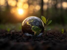 Globe with Young Plant in Soil at Sunrise Symbolizing Environmental Conservation and Global Sustainability photo