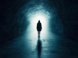 Silhouette of a Person Walking Through a Dark Tunnel Towards Bright Light photo