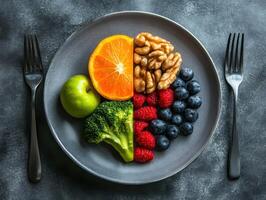 Healthy Balanced Diet Concept with Fruits, Vegetables, Nuts, and Berries on a Plate with Forks on Dark Background photo