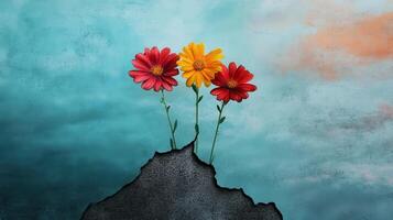 Vibrant Flowers Growing from Cracked Asphalt Against a Colorful Sky Background photo
