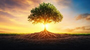 Majestic Tree with Deep Roots at Sunset, Illuminated by Golden Sunlight Against a Vibrant Sky photo