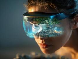 Woman Experiencing Augmented Reality with Futuristic Headset Displaying a Tree and Landscape photo