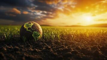 Earth Globe in Soil with Green Sprouts and Sunset Sky - Environmental Conservation and Sustainability Concept photo