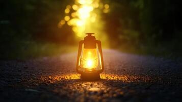 Vintage Lantern Illuminating a Forest Path at Sunset with Warm Glowing Light photo