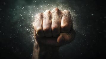 Powerful Fist Punching Through Dust and Smoke in Dramatic Lighting photo