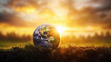 Stunning Sunrise Over Earth, Planet in Focus with Glowing Sunlight and Natural Landscape Background photo