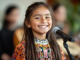 Joyful Young Girl Singing into Microphone in Colorful Traditional Clothing at Cultural Event photo