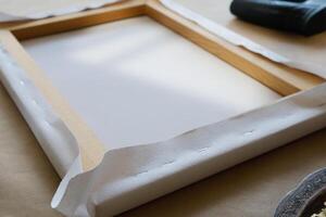 Canvas print. Process of stretching canvas on stretcher frame. photo