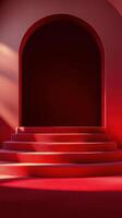 Architectural red staircase with arched opening and dramatic lighting in a modern space photo