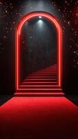Red illuminated stairs lead through a glowing archway, creating a dramatic entrance in a dark setting photo