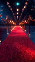 Red carpet event with golden stanchions and soft lighting in an elegant venue setting at night photo