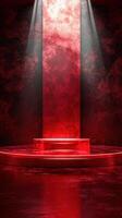 Red illuminated stage with spotlight and textured backdrop for performance and presentation use photo