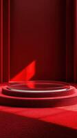 moderno rojo etapa preparar con circular plataforma exhibiendo minimalista diseño y dramático Encendiendo efectos foto