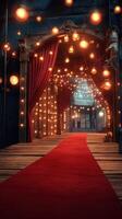 Elegant red carpet pathway illuminated by warm lights in a vintage venue at night photo