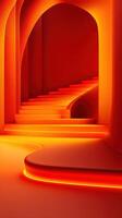 Stunning architectural design featuring a spiral staircase illuminated by vibrant orange lighting in a modern space photo
