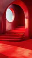 Stunning architectural design featuring red stairs and circular window in a modern space photo