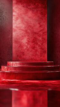 Vibrant red backdrop and platform create a striking setting for artistic displays or presentations photo