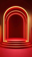 Vibrant red archway illuminated by glowing neon lights in a minimalist interior space photo