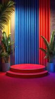 Brightly colored stage setup with red, blue, and yellow curtains in a vibrant venue photo
