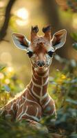Curious young giraffe resting among lush greenery in a serene forest setting during late afternoon light photo
