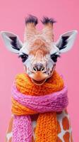 Giraffe wearing a colorful scarf against a vibrant pink background during a creative photoshoot in an artistic studio photo