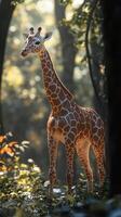 Majestic giraffe standing gracefully in a sunlit forest surrounded by lush greenery photo