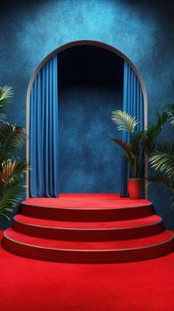 Red carpeted stage with blue curtains and potted plants in an elegant setting photo